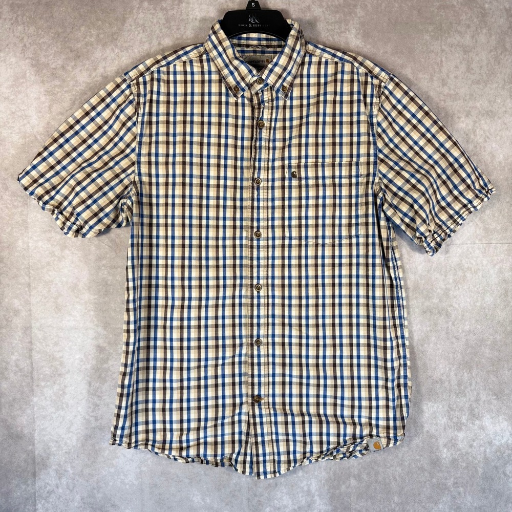 Carhartt Button Down Shirt Mens M Blue Tan Plaid Relaxed Fit Cotton Workwear
